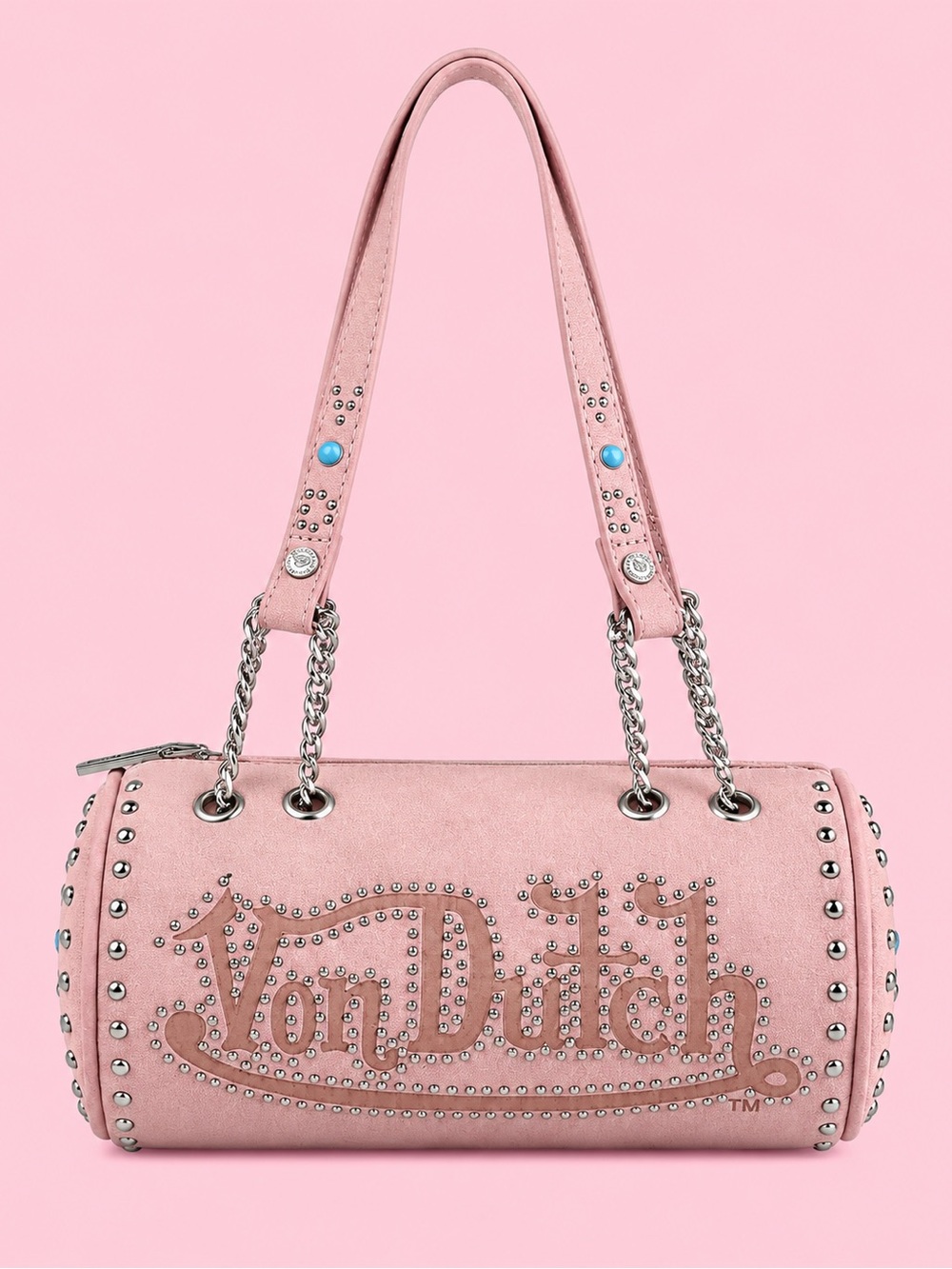 Von Dutch Suede Pink Studded Barrel Shoulder Bag